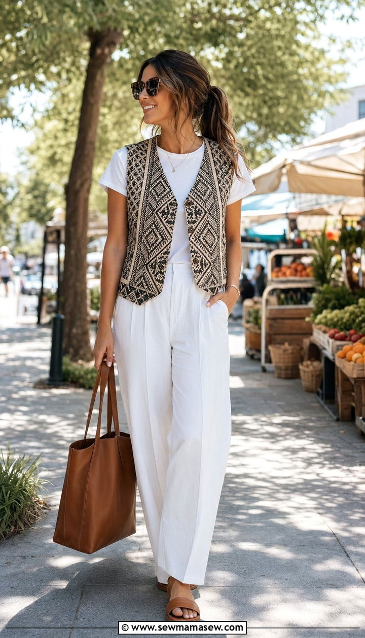 Woven Vest With White WideLeg Pants - 35 School drop off outfit ideas