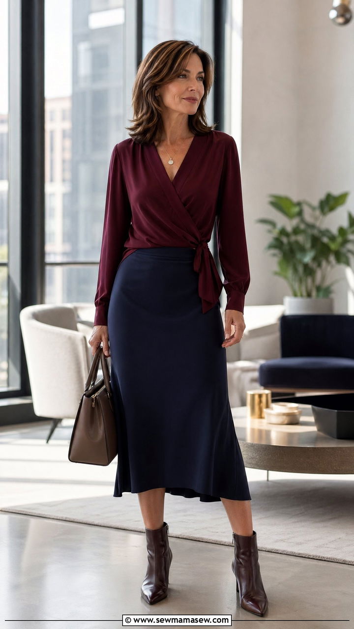 Wrap Blouse With Crepe Midi Skirt - 35 Skirt outfit ideas for women over 40