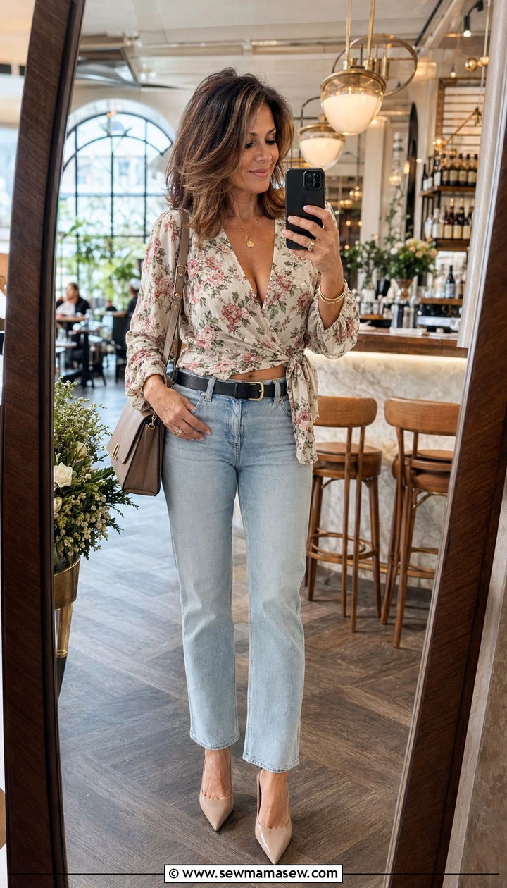 Wrap Blouse With Light Washed Jeans - 35 Petite outfit ideas for women over 40