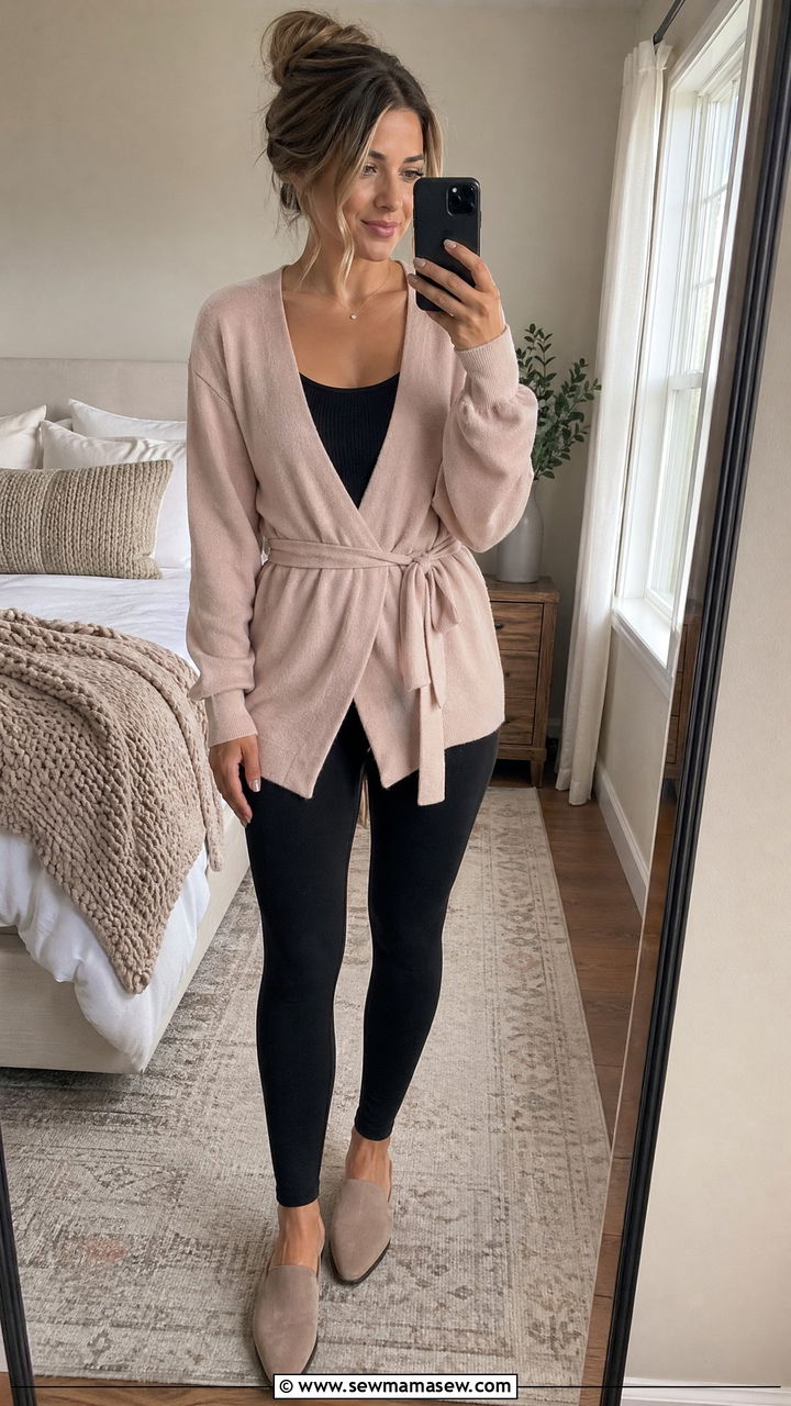 Wrap Cardigan Over Fitted Top With Black Leggings - 35 Classy loungewear outfit ideas