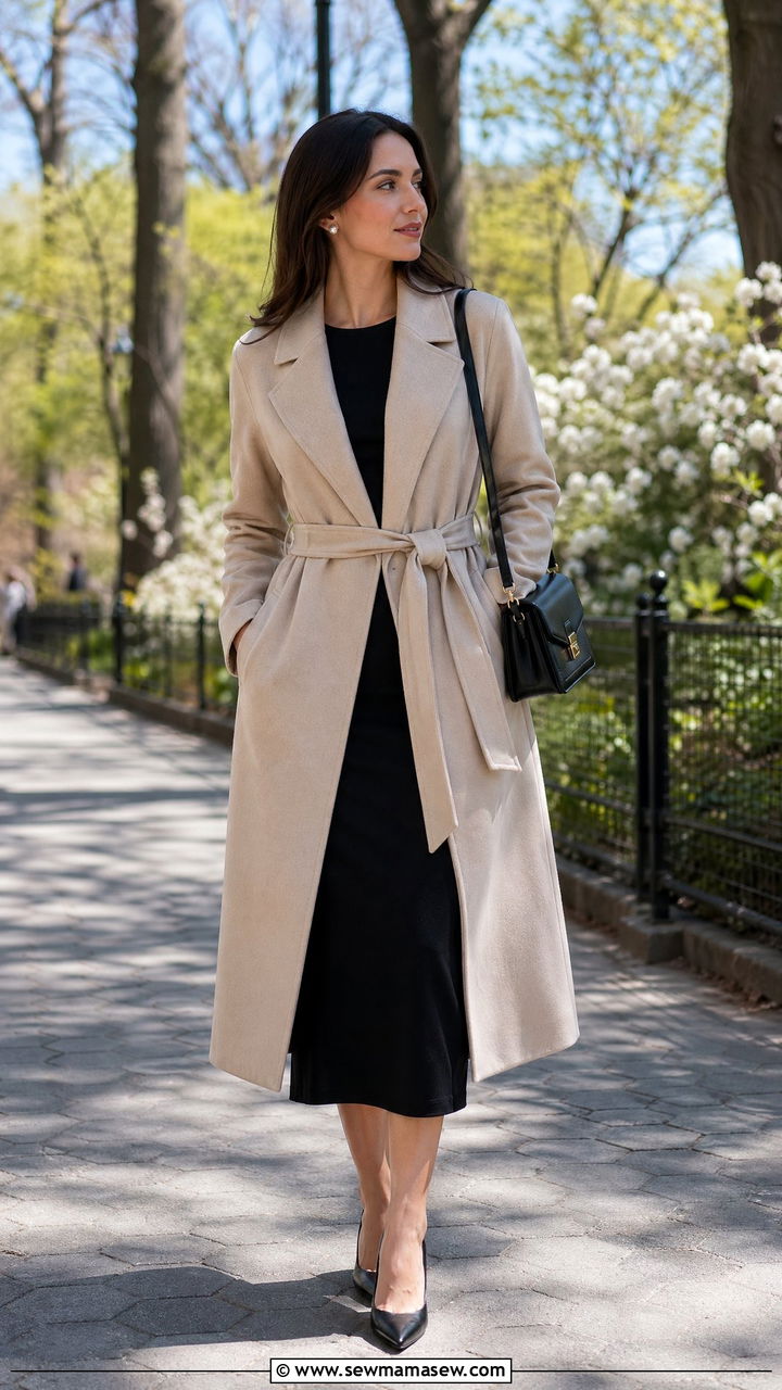 Wrap Coat Over Fine Knit Dress - 35 spring quiet luxury outfits