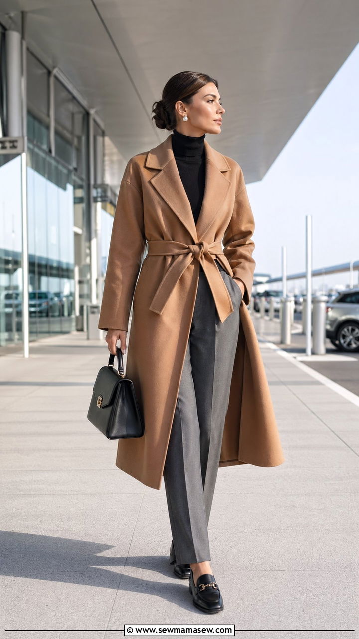 Wrap Coat With Turtleneck And Tailored Trousers - 35 classy airport outfits