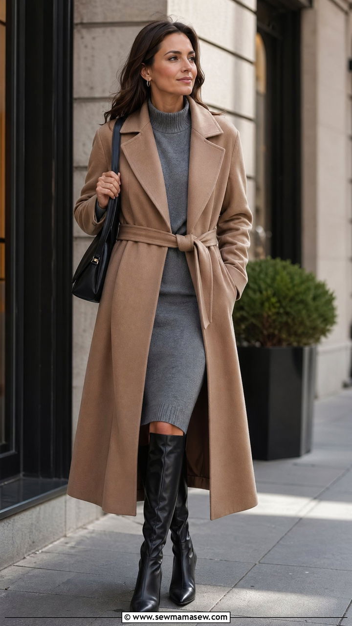 Wrap Coat with Sweater Dress and Knee High Boots - 35 transitional quiet luxury outfit ideas