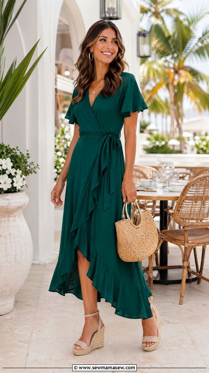Wrap Dress And Espadrille Wedges Resort Outfit - 35 what to wear on a resort vacation