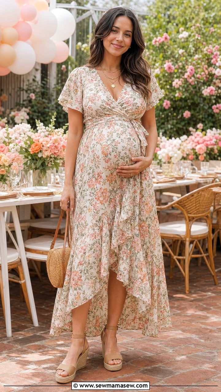Wrap Dress And Wedge Espadrilles Outfit - 35 pregnancy outfit ideas