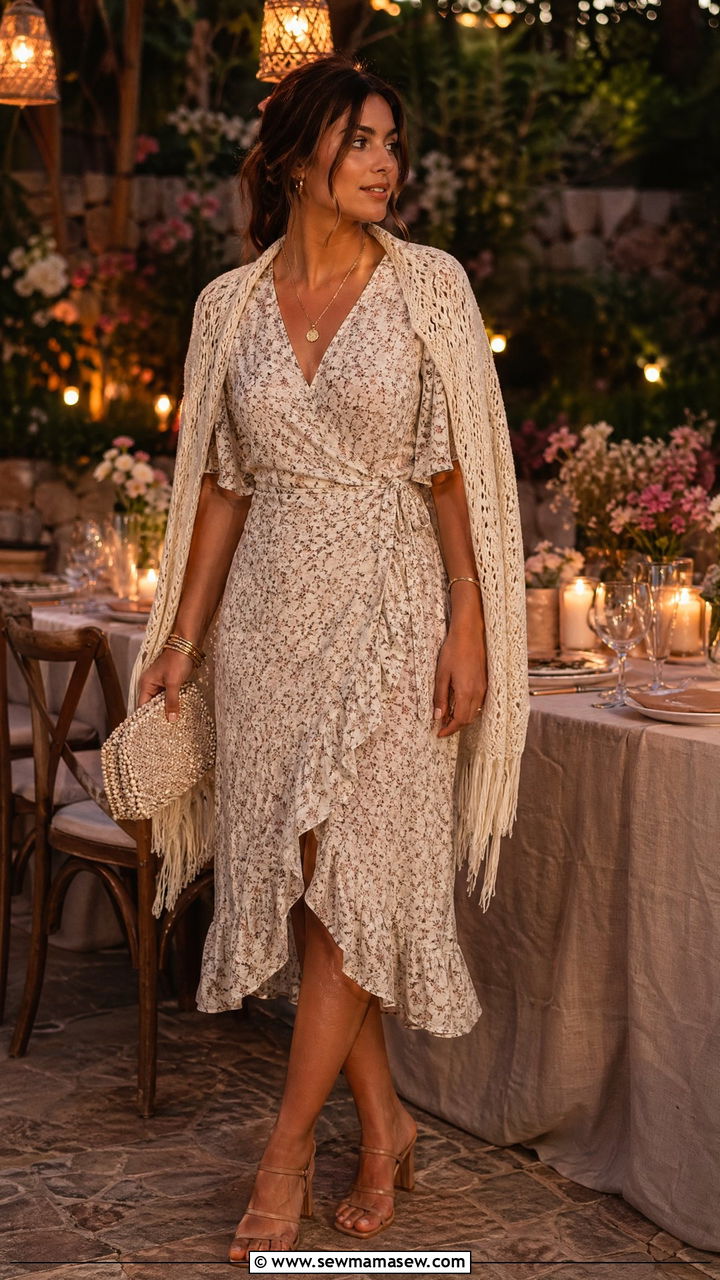 Wrap Dress In Ditsy Floral With Heeled Sandals - 35 summer cottagecore outfit ideas