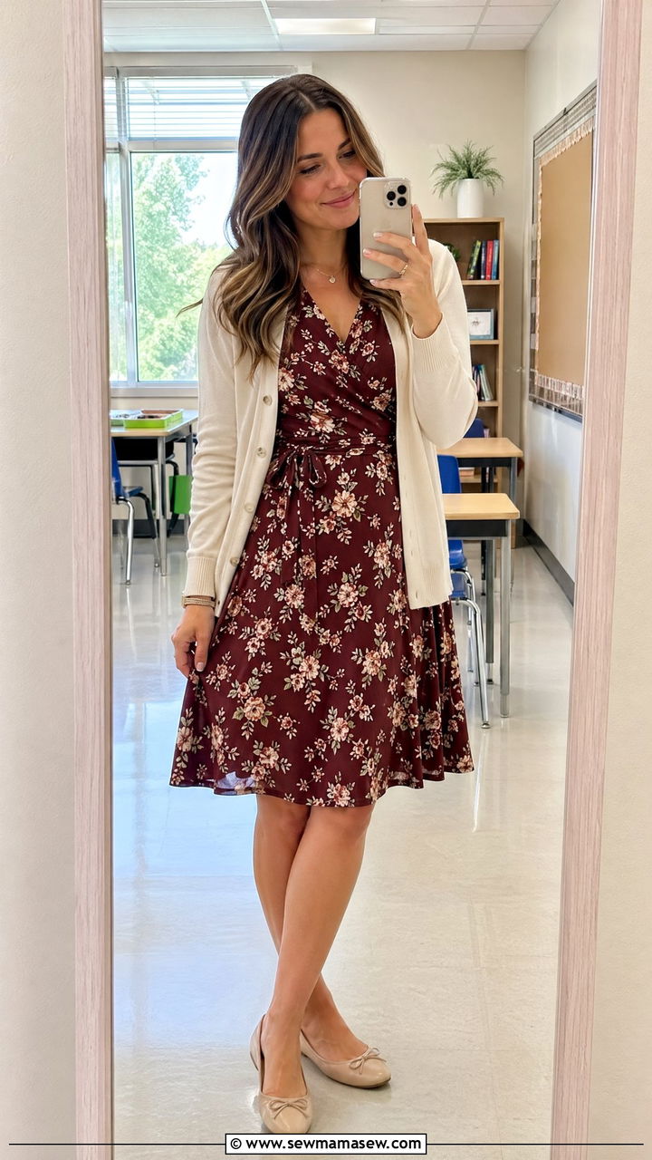 Wrap Dress With Cardigan and Flats - 35 teacher outfits for women