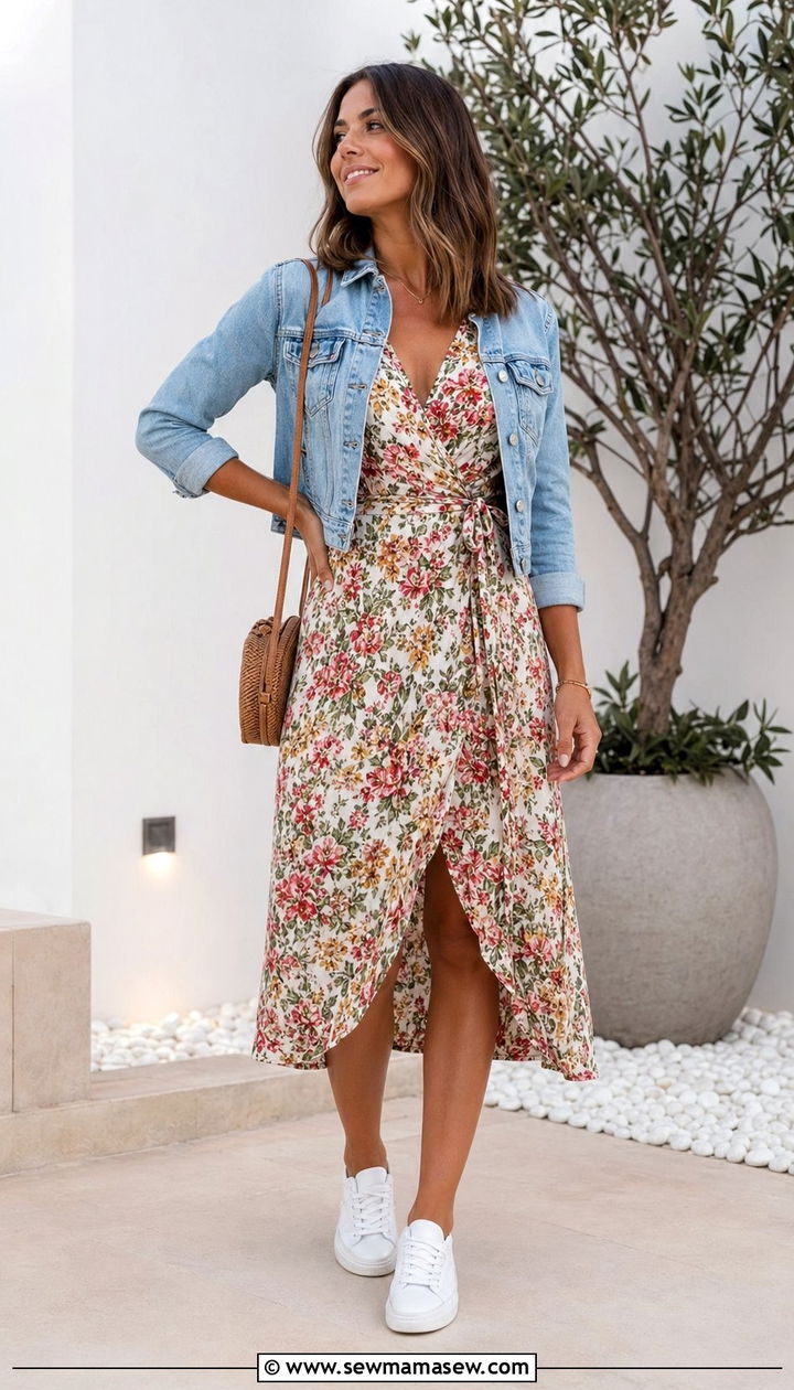 Wrap Dress With Denim Jacket - 30 Wrap dress outfit ideas for summer