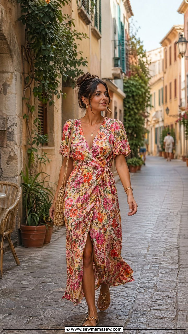 Wrap Dress With Flat Sandals - 35 Spring travel outfit ideas 2026