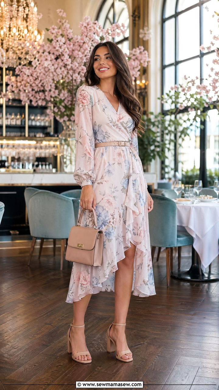 Wrap Dress With Low Block Heels - 35 spring brunch outfit ideas