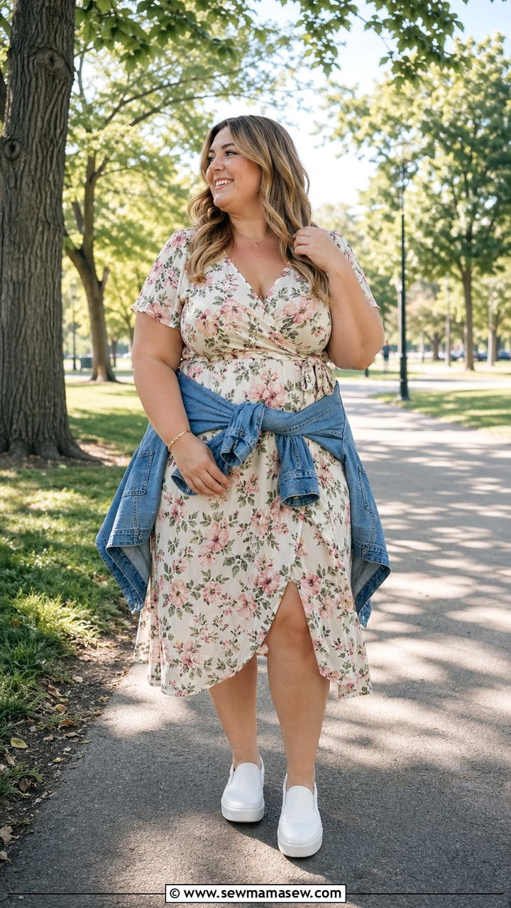Wrap Dress With Slip On Sneakers - 35 Postpartum outfit ideas plus size