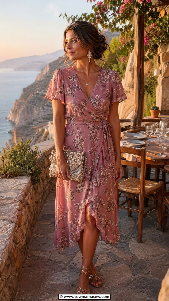 Wrap Dress With Strappy Sandals - 35 Spring Greece outfit ideas