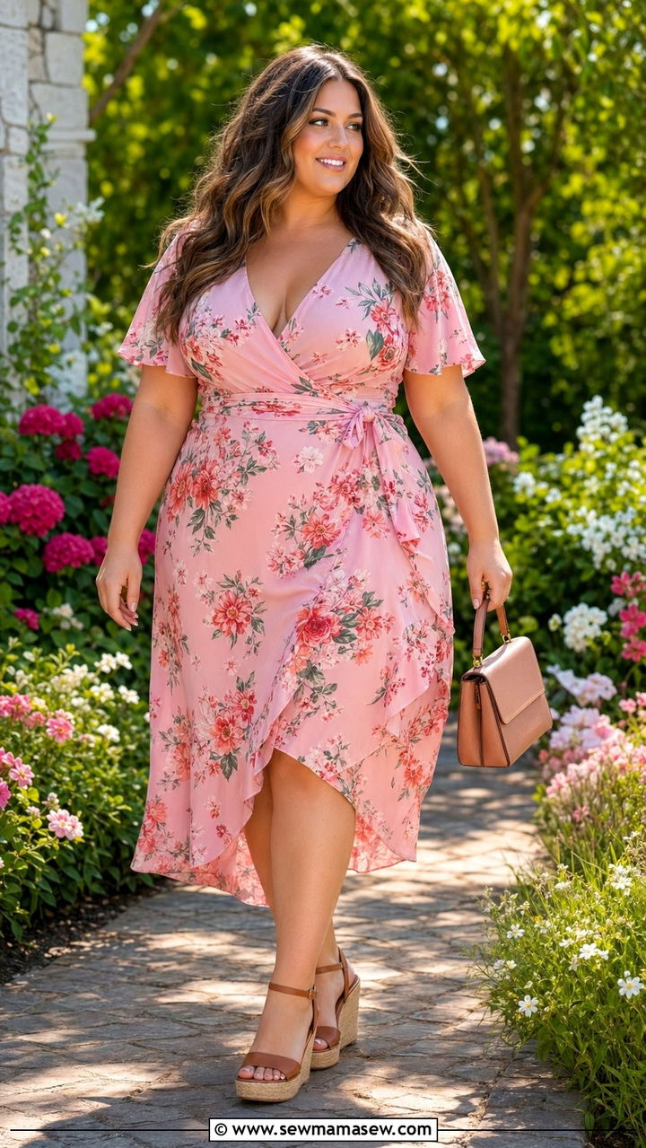 Wrap Dress With Wedge Sandals - 35 Plus size outfit ideas size 24 summer