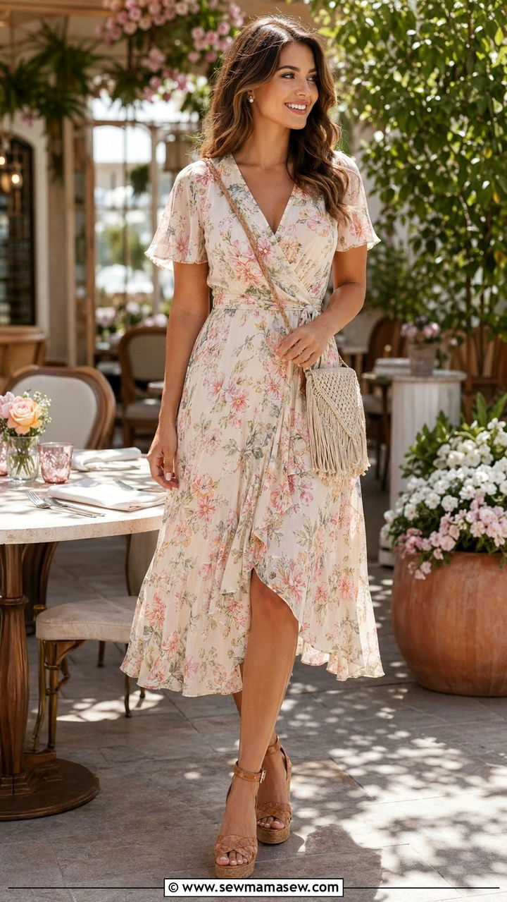 Wrap Dress With Wedge Sandals - 30 Baby shower outfit ideas summer