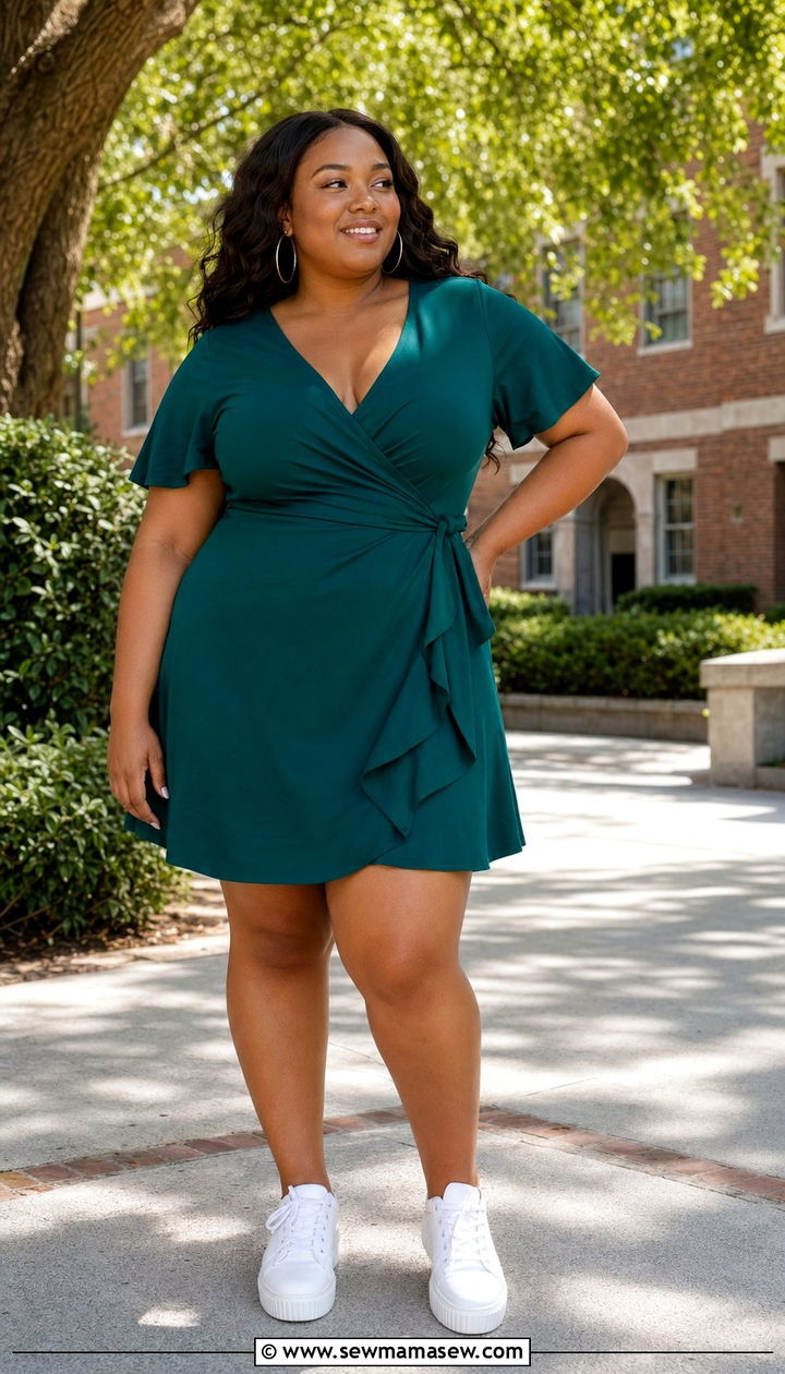Wrap Dress With White Sneakers And Hoop Earrings - 30 Back to school outfit ideas plus size college