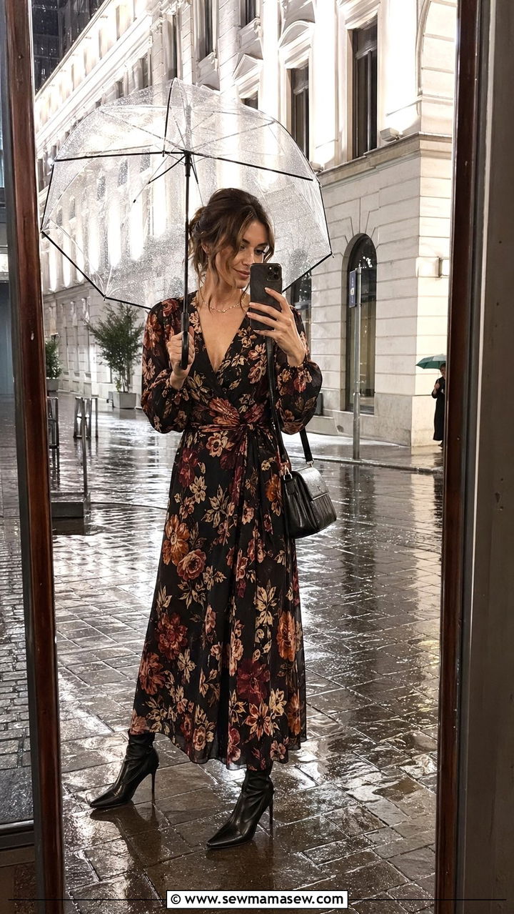 Wrap Dress with Ankle Boots for Wedding - 30 Wedding guest outfits for rainy weather