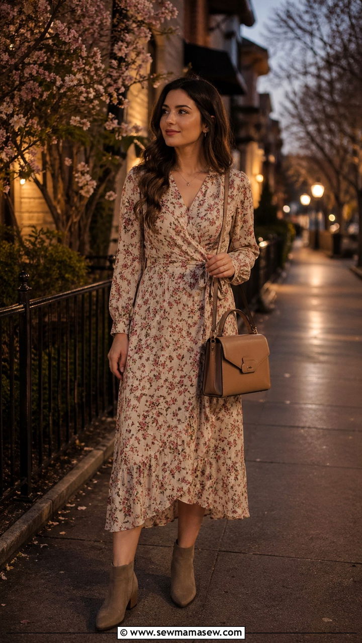 Wrap Dress with Ankle Boots - 30 spring modest outfit ideas