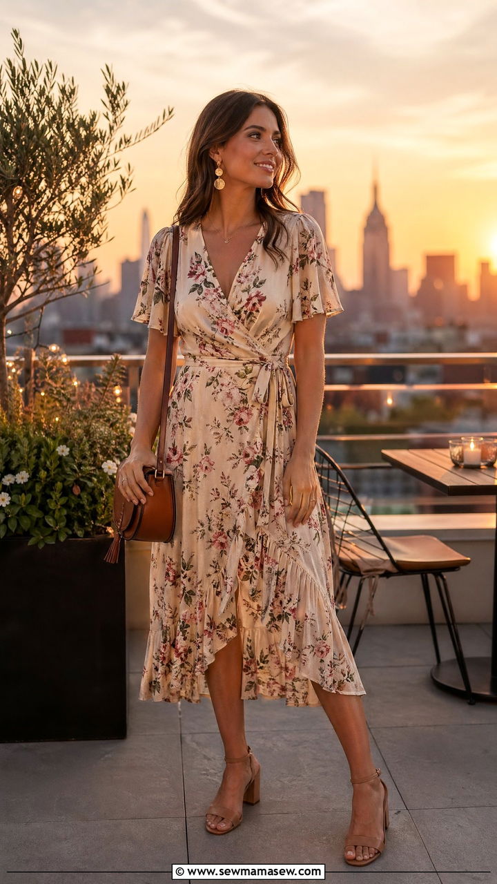 Wrap Dress with Block Heel Sandals - 35 Summer rooftop outfits