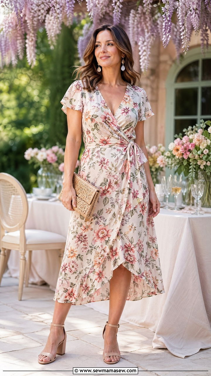 Wrap Dress with Block Heel Sandals - 35 classy outfits for women over 30