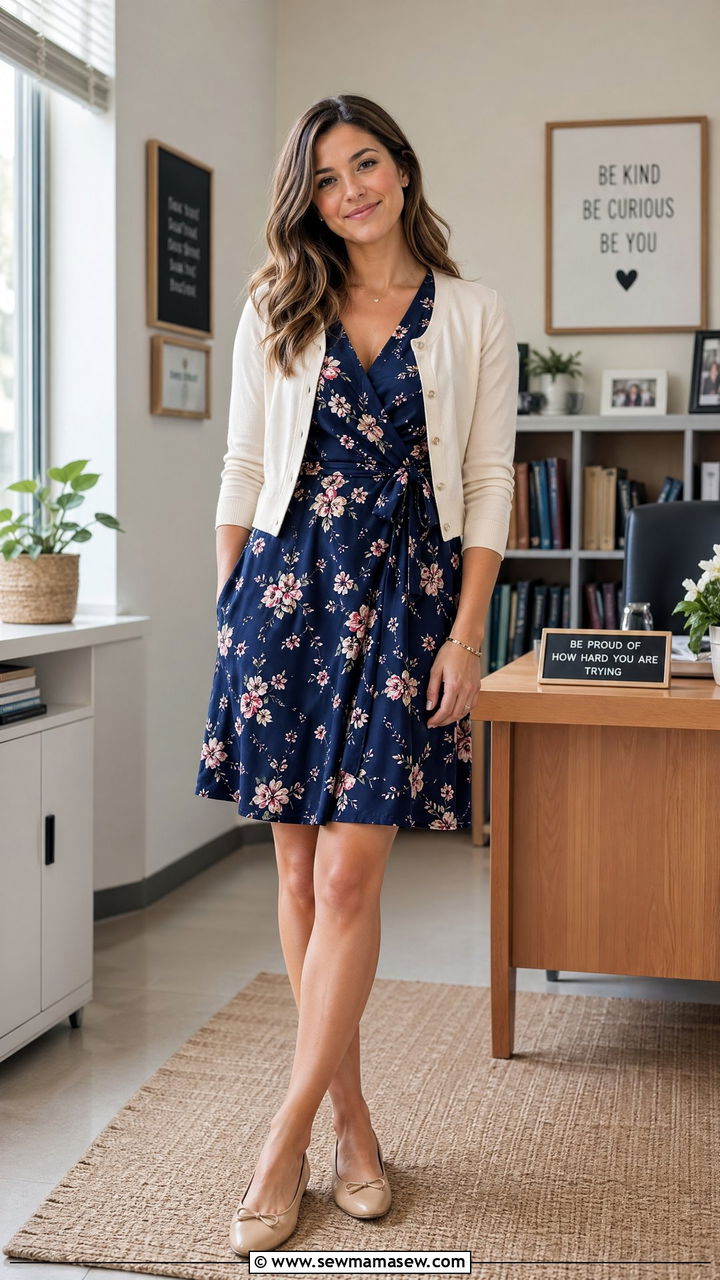 Wrap Dress with Cropped Cardigan and Ballet Flats - 35 teacher outfit ideas for women