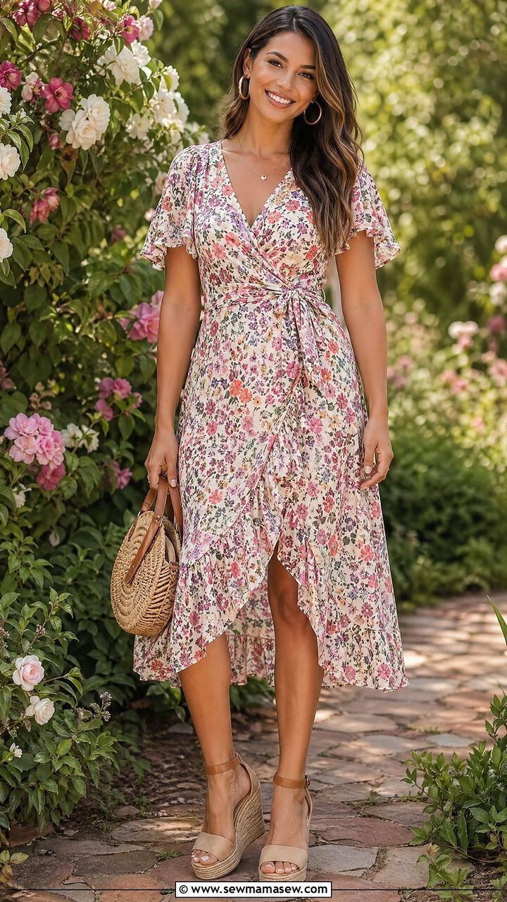 Wrap Dress with Espadrille Wedges - 35 Summer family reunion outfits