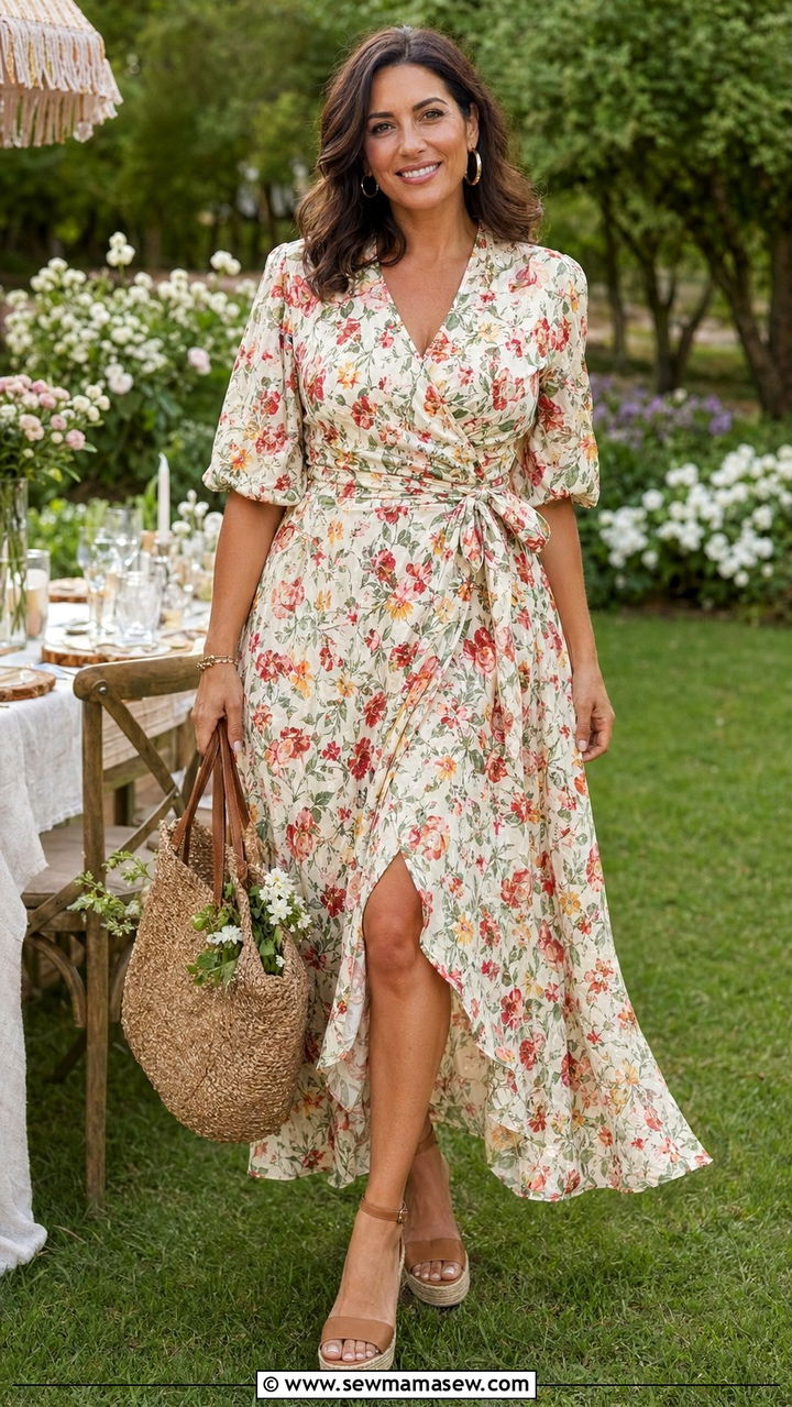 Wrap Dress with Espadrille Wedges and Straw Bag - 35 outfit ideas for women over 30