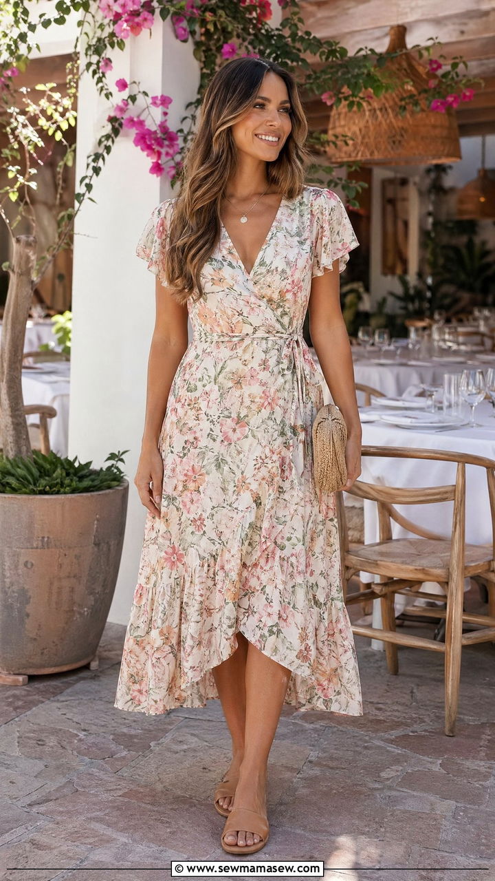 Wrap Dress with Flat Sandals Outfit - 35 Spring mom outfit ideas
