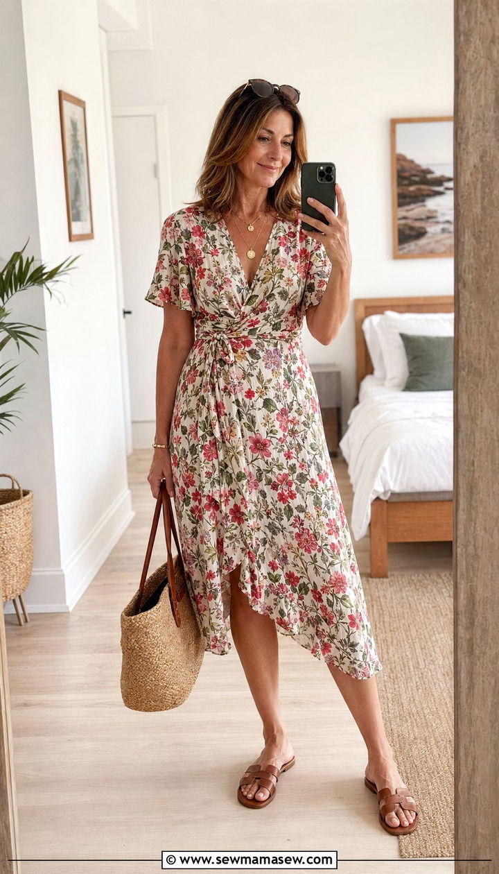 Wrap Dress with Sandals Outfit for Women Over 40 - 30 Aesthetic outfit ideas for women over 40