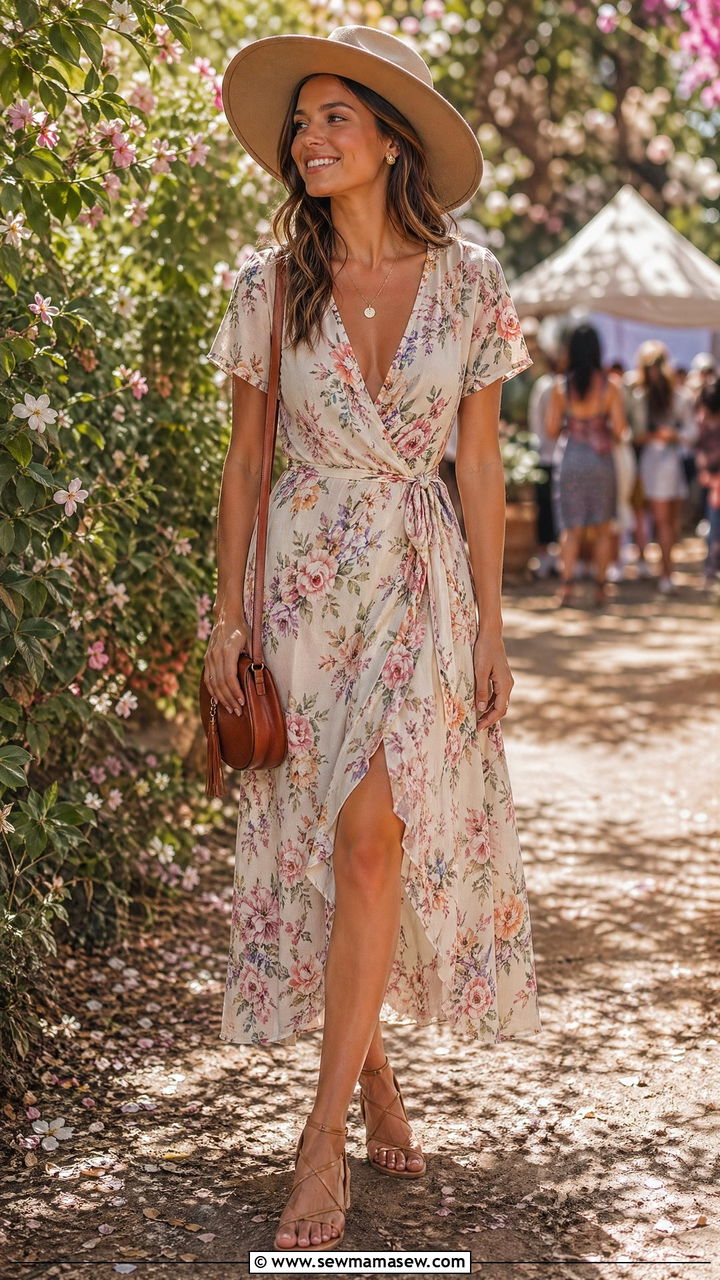 Wrap Dress with Strappy Sandals and a Wide Brim Hat - 35 cute music festival outfits