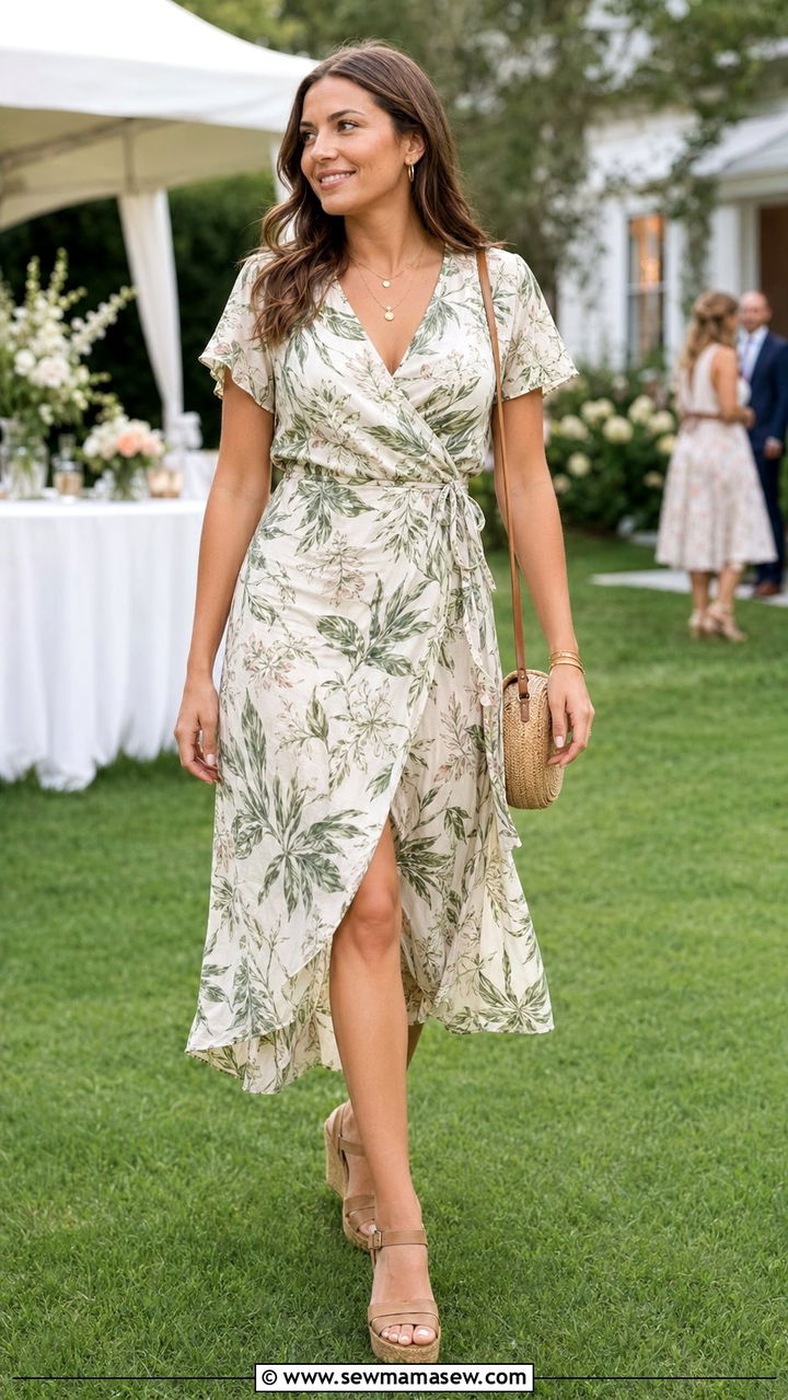 Wrap Dress with Wedge Sandals - 30 Backyard wedding guest outfits