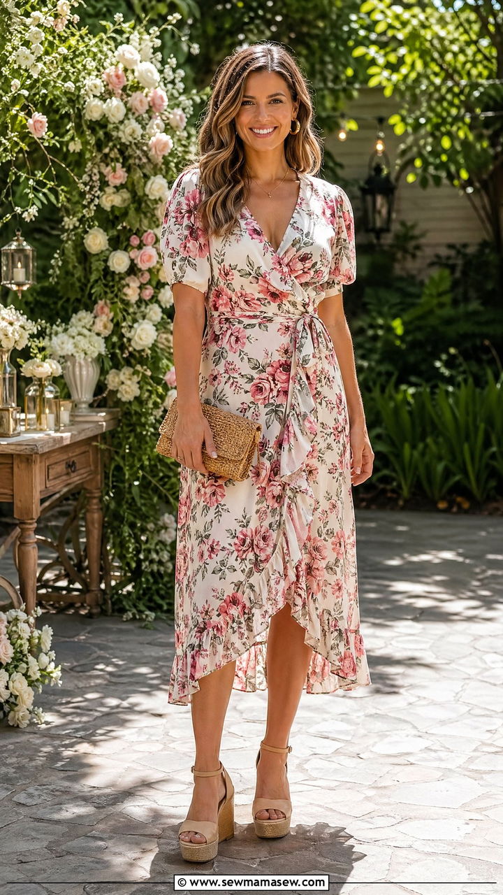 Wrap Dress with Woven Clutch and Wedges - 35 summer engagement party outfit ideas