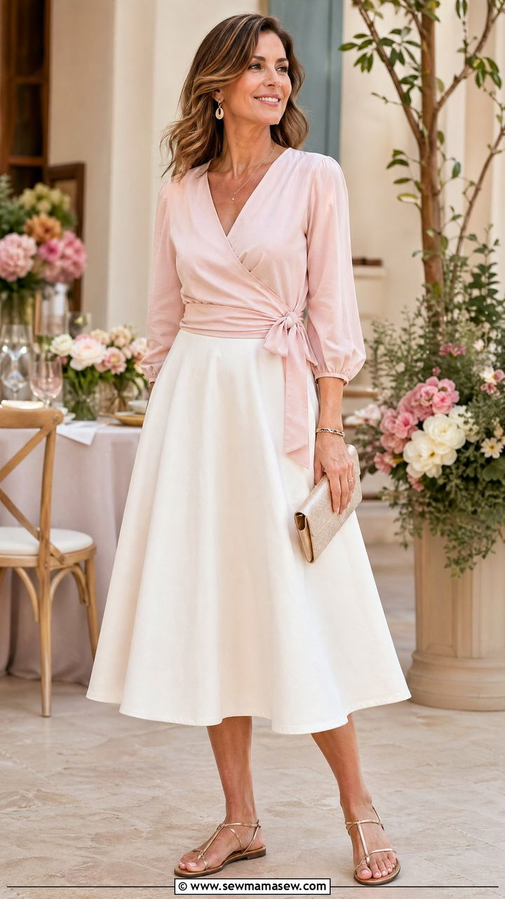 Wrap Front Cotton Blouse with A Line Midi Skirt - 35 Summer outfits for women over 40