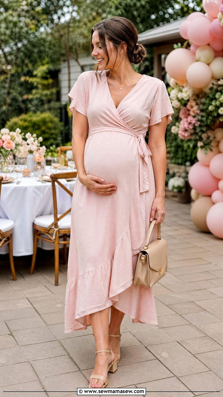 Wrap Front Midi Dress with Low Heels for Baby Shower - 35 spring baby shower outfit ideas