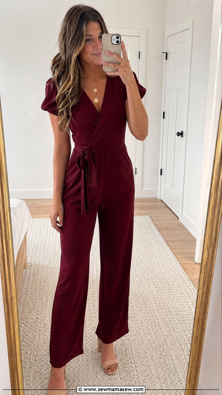 Wrap Jumpsuit With Block Heel Sandals - 35 Sorority semi formal outfit ideas