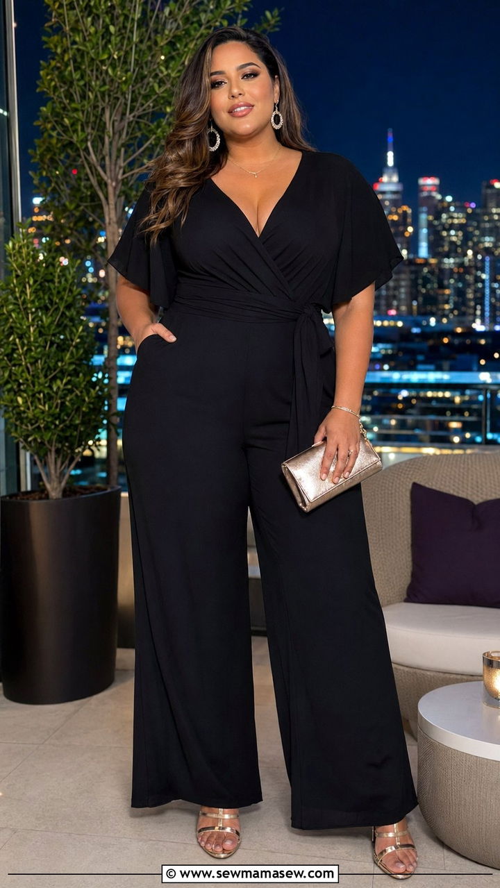 Wrap Jumpsuit With Metallic Clutch - 30 Birthday outfit ideas plus size
