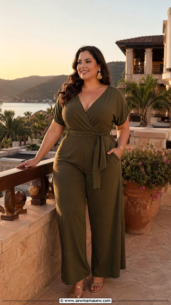 Wrap Jumpsuit with Heeled Sandals - 35 Travel outfits for curvy women