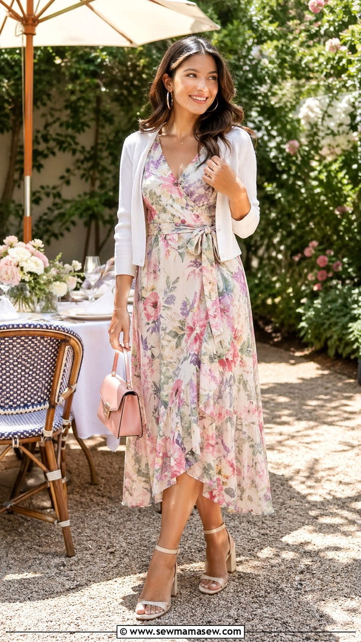 Wrap Midi Dress With Block Heel Sandals - 30 spring midi dress outfit ideas