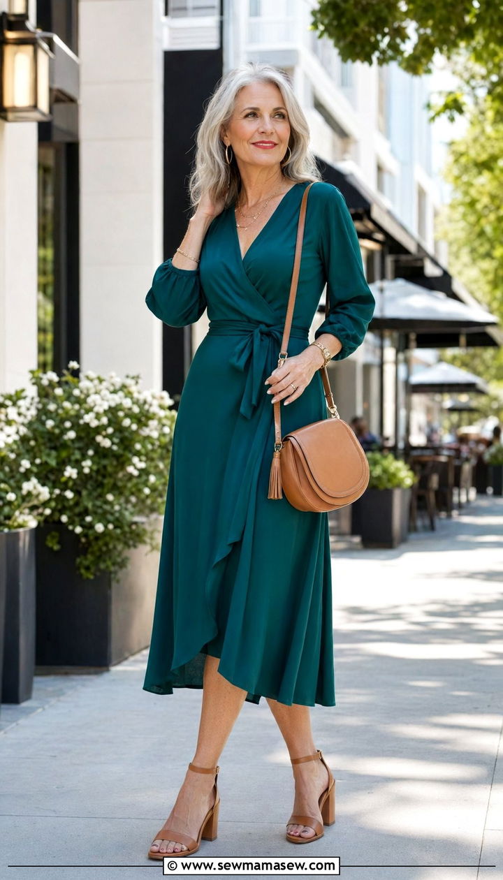 Wrap Midi Dress With Block Heel Sandals - 30 Best dresses for women over 50