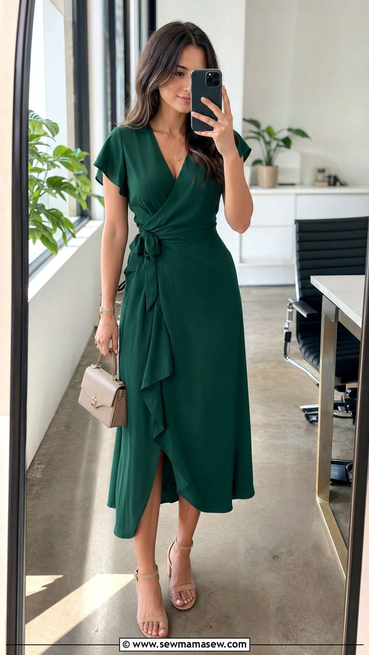 Wrap Midi Dress With Low Block Heels - 30 Work outfits for petite women