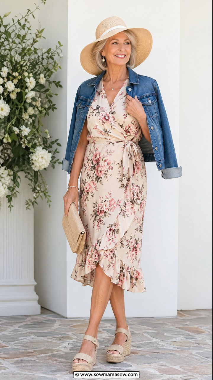 Wrap Midi Dress With Wedge Espadrilles - 35 Spring outfits for women over 60