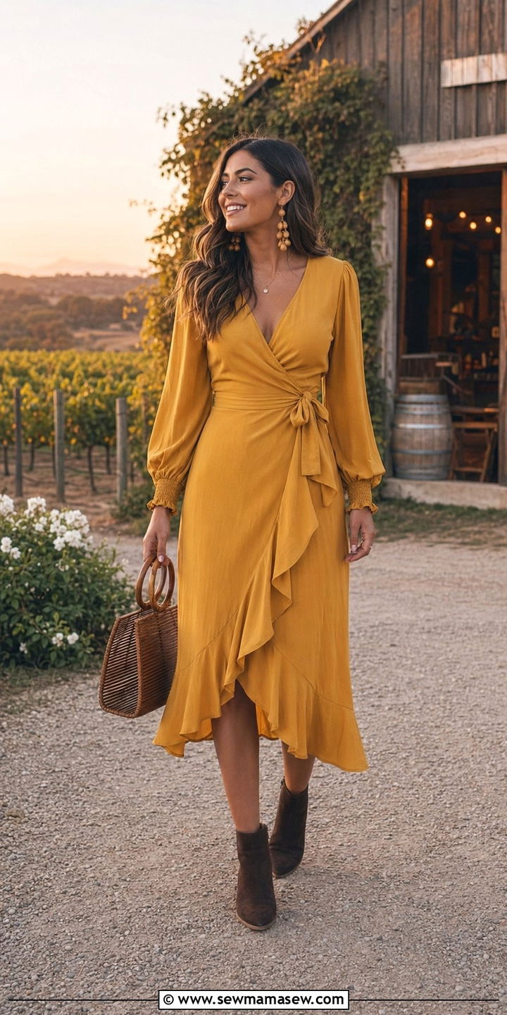 Wrap Midi Dress with Ankle Boots - 30 Barn wedding guest outfits