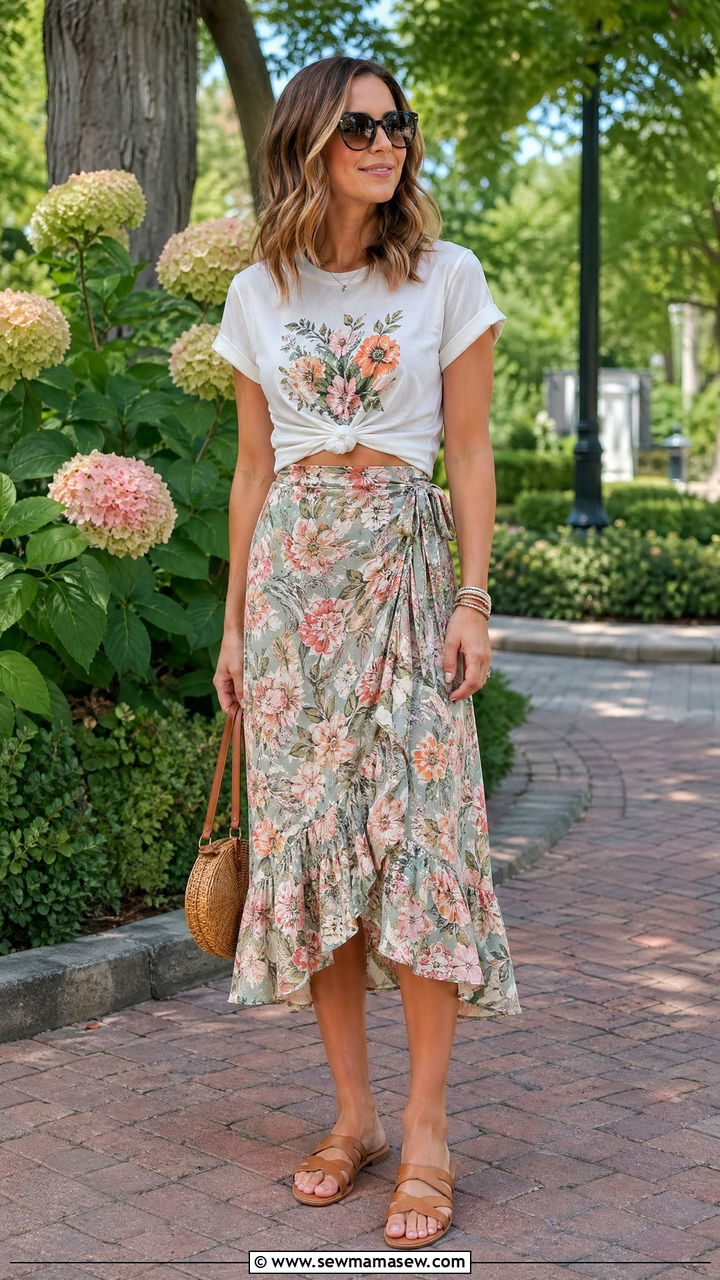 Wrap Skirt With Graphic Tee Summer Mom Outfit - 35 Summer mom outfit ideas