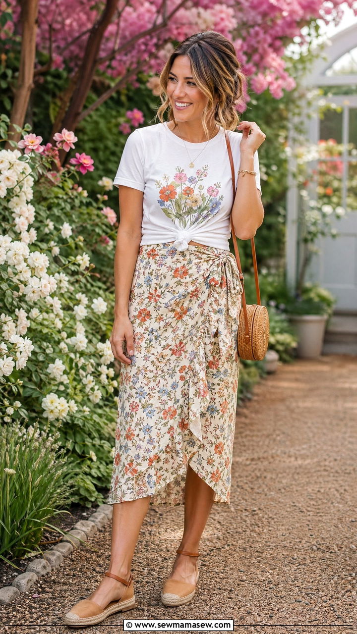 Wrap Skirt With Knotted Graphic Tee - 35 Summer outfits for working moms