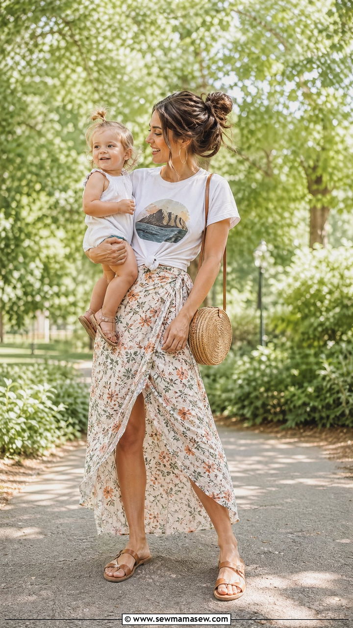 Wrap Skirt with Knotted Graphic Tee Outfit - 35 Summer outfits for busy moms