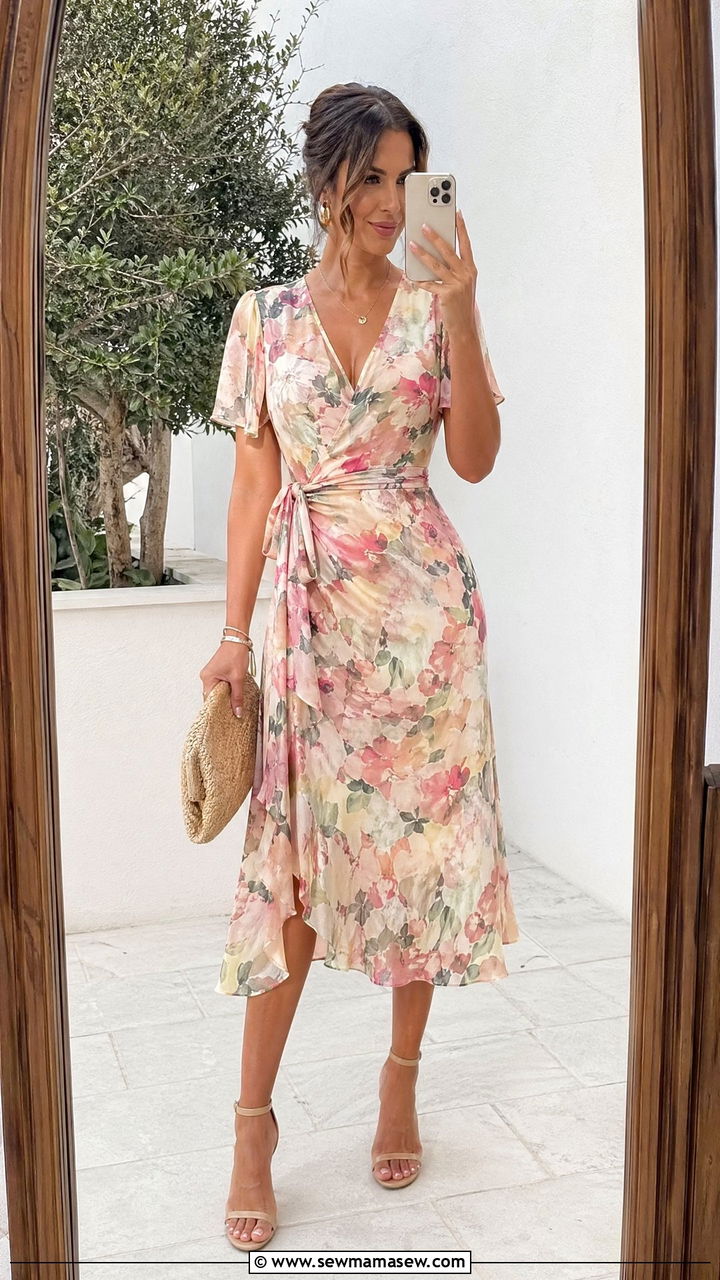 Wrap Style Midi Dress with Flutter Sleeves Wedding - 35 cute summer wedding guest outfits