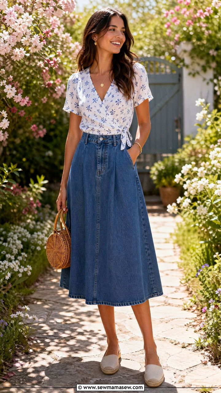 Wrap Top With A Line Denim Skirt Outfit - 35 casual outfits for tall women
