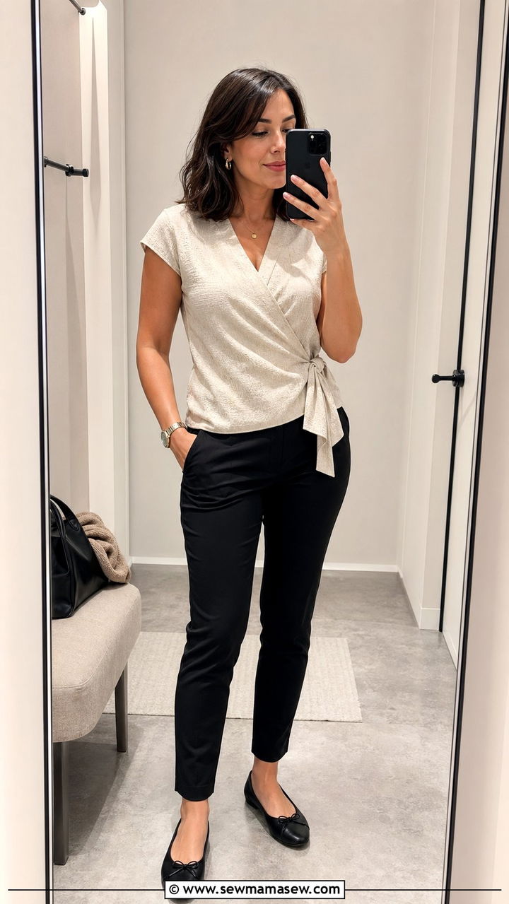 Wrap Top With Slim Black Trousers And Ballet Flats - 30 Work outfits for midsize women
