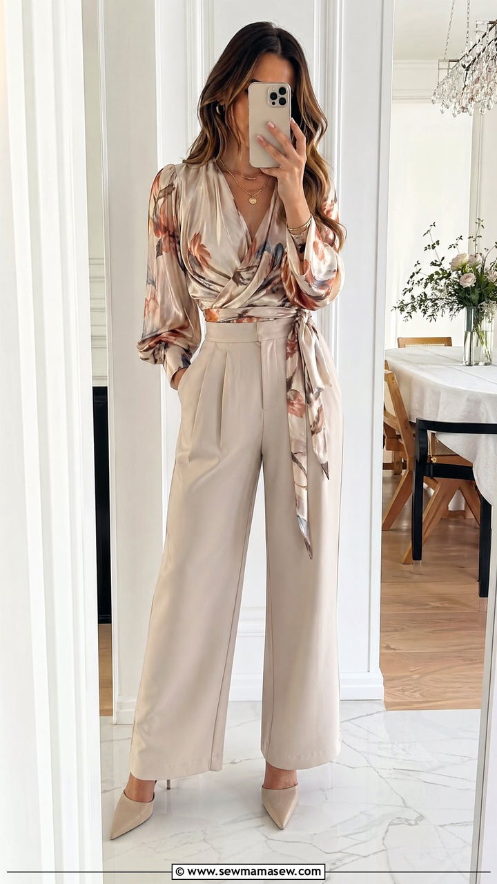 Wrap Top and High Waisted Wide Leg Trousers - 35 Wedding guest wide leg pants outfit ideas