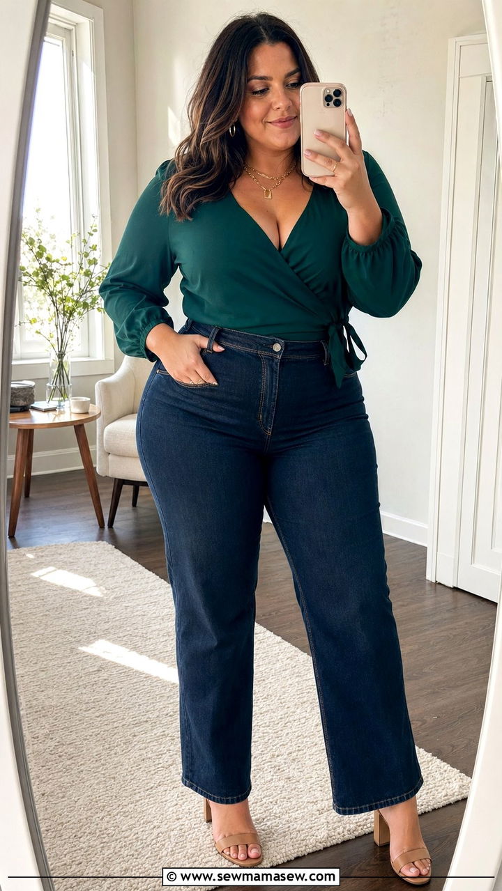 Wrap Top with High Waisted Jeans Outfit - 30 Best tops for plus size