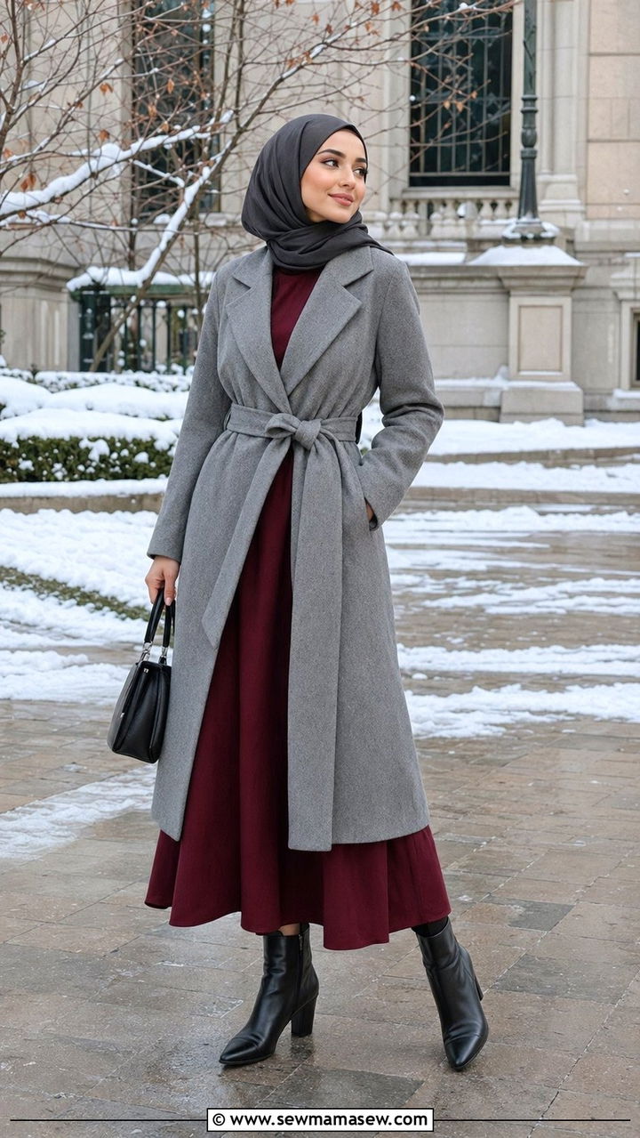 Wrap coat with midi dress - 35 Modest outfit ideas for hijabis
